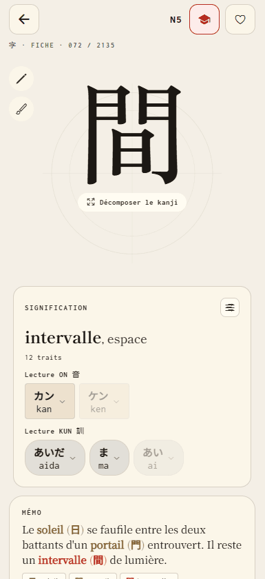Detailed kanji card: on/kun readings, meaning and mnemonic